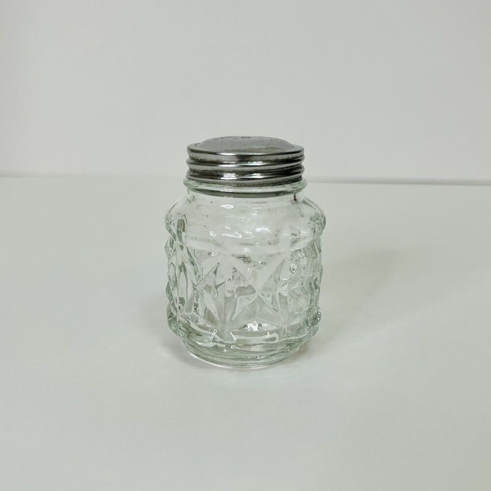 Vintage Heavy Cut Glass Pepper & Salt Shaker Silver Tone Top 2.5” Tall